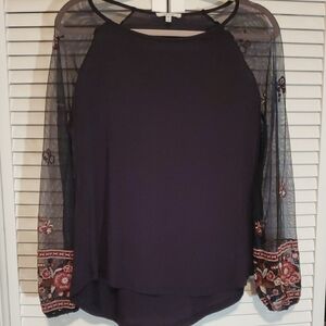 Maurices Plum Blouse with Sheer Embroidered Sleeves